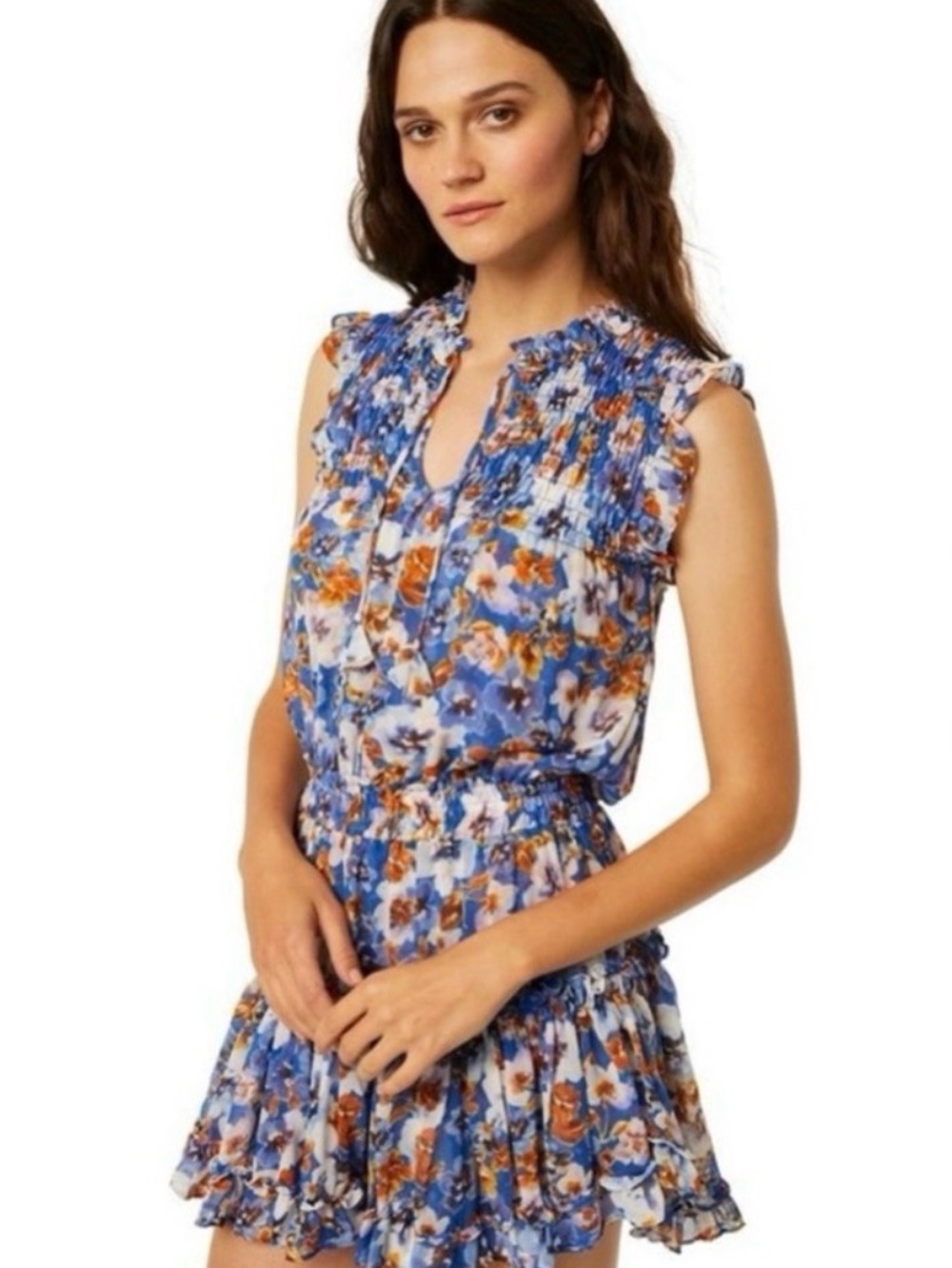 Misa Los Angeles Blue Floral Smocked Tiered Mini Dress - Picture 4 of 11